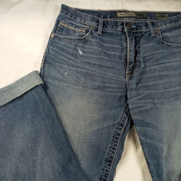 BKE Denim Tyler straight leg men's 33L cuffed 5 pocket distressed whiskered - Picture 3 of 11